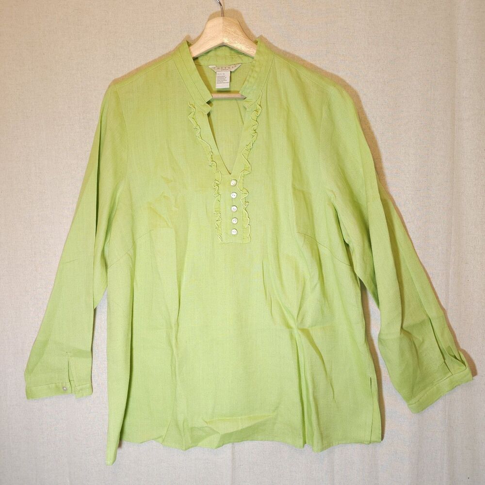 Tweeds Woman 100% Linen Tunic Top Lime Green V-Neck Long Sleeve 1X